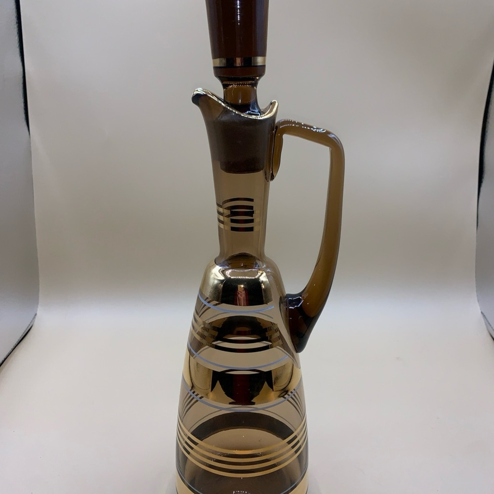 Vintage Smokey Brown with Gold Trim Decanter, Pitcher